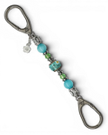 LD Keyfinder Petite Azure Meadow keychain with aqua blue cat's eye beads, green faceted glass beads, and a lampwork glass daisy bead.