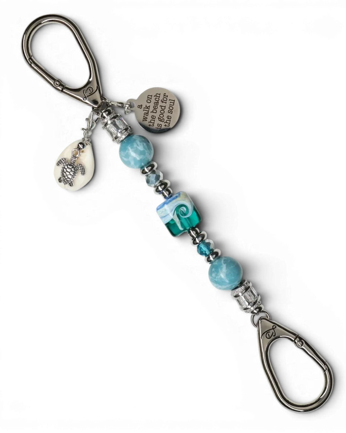 LD Keyfinder Petite Beachy Dreams keychain with blue and teal beads, turtle charm, and quote charm.