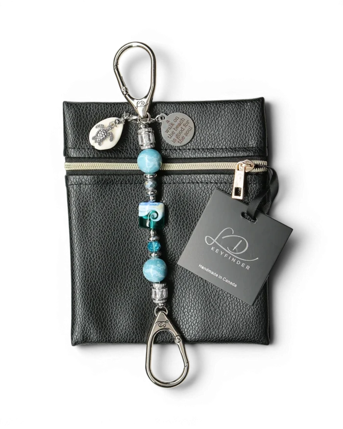 LD Keyfinder Petite Beachy Dreams keychain with blue and teal beads, turtle charm, and inspirational quote charm.
