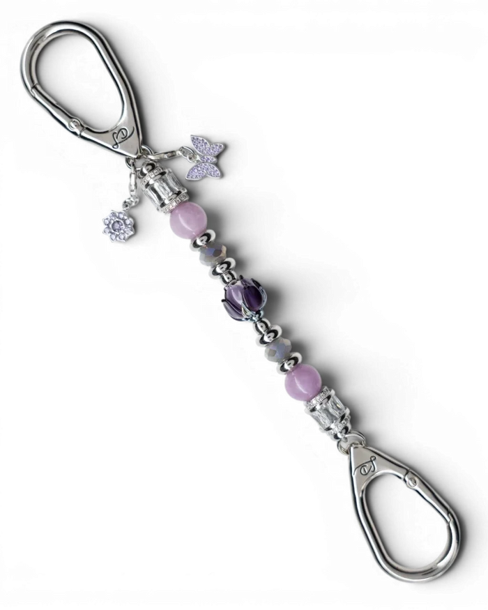 LD Keyfinder Petite Blooming Joy featuring lavender Lepidolite, purple Jade beads, glass tulip, and rhinestone charms.