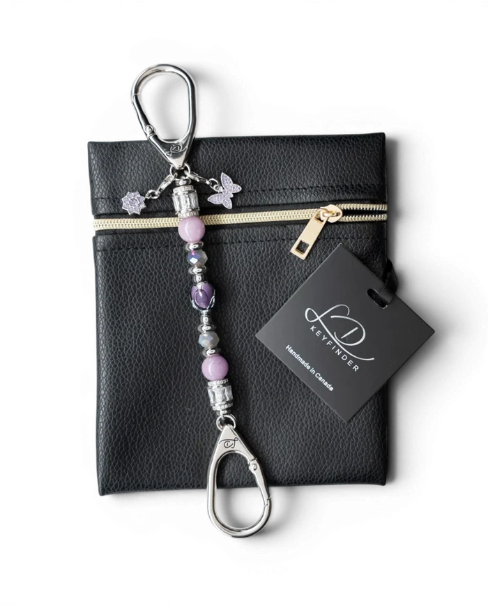 LD Keyfinder Petite Blooming Joy keychain with lavender Lepidolite, purple Jade, glass tulip, and butterfly charms.