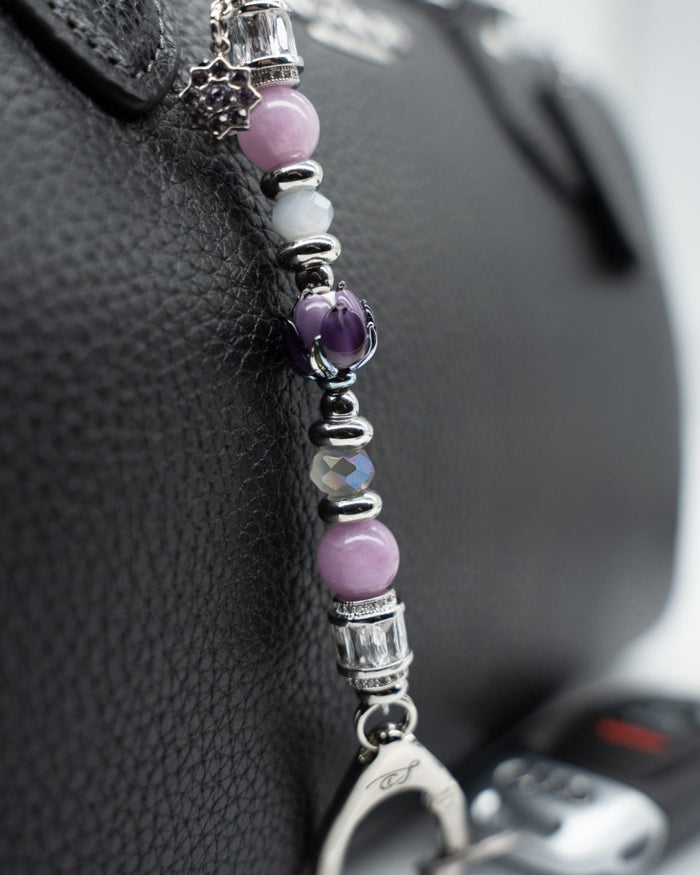 LD Keyfinder Petite Blooming Joy featuring lavender Lepidolite, purple Jade, glass tulip, and rhinestone charms.
