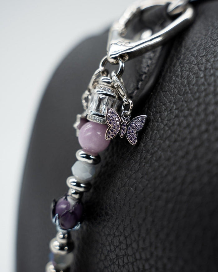 LD Keyfinder Petite Blooming Joy featuring lavender Lepidolite, purple Jade beads, and a purple rhinestone butterfly.