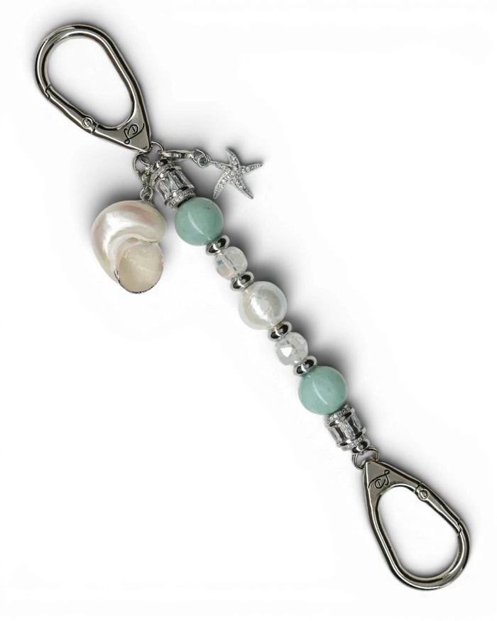 LD Keyfinder Petite Caribbean Pearl featuring aqua jade, shell pearl, and glass beads with starfish and shell charms.