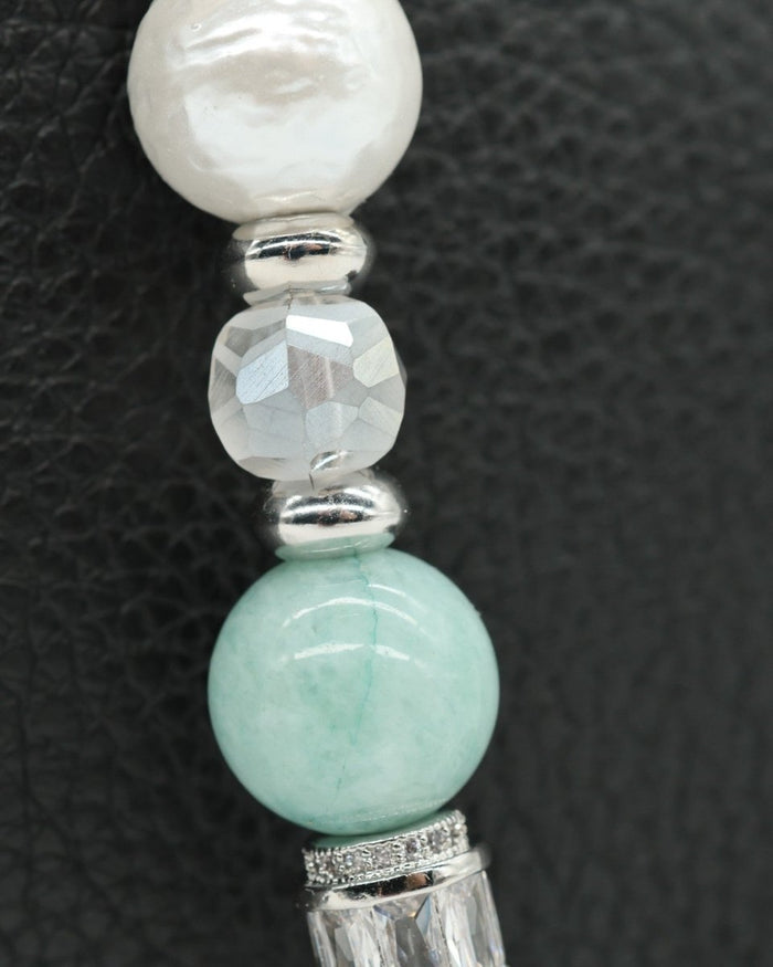 LD Keyfinder Petite Caribbean Pearl beaded accessory featuring a shell pearl, aqua Malaysian Jade, and faceted glass beads.