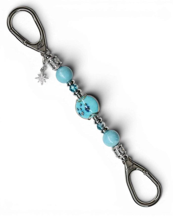 LD Keyfinder Petite Celestial Tide keychain with turquoise, aqua, and silver beads, and a star charm.