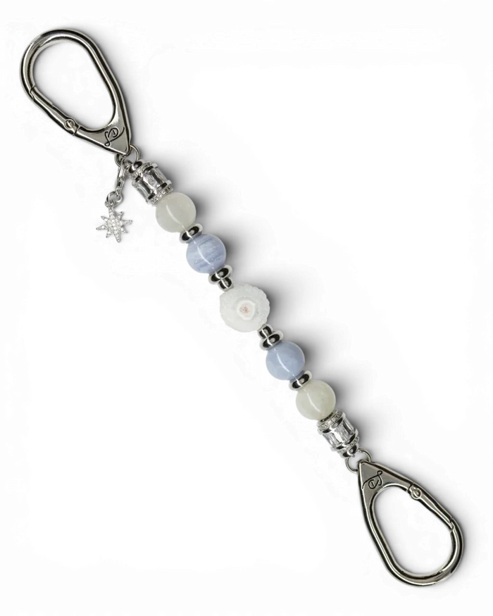 LD Keyfinder Petite Cloud Dancer with moonstone, blue lace agate, druzy agate slice, and platinum star charm.