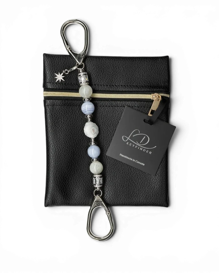 LD Keyfinder Petite Cloud Dancer beaded keychain with blue lace agate, moonstone, druzy agate, and a pavé star charm.