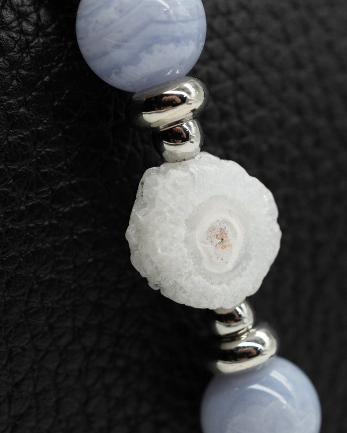 LD Keyfinder Petite Cloud Dancer keychain with blue lace agate, rainbow moonstone, and a natural sunflower druzy slice.