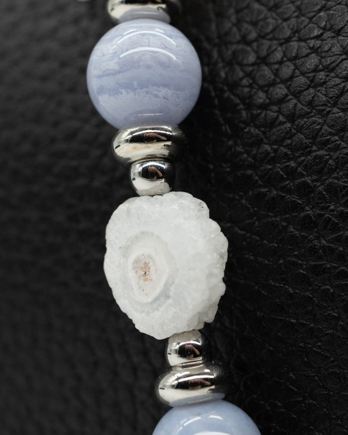 LD Keyfinder Petite Cloud Dancer beaded accessory with blue lace agate, rainbow moonstone, and sunflower druzy agate.