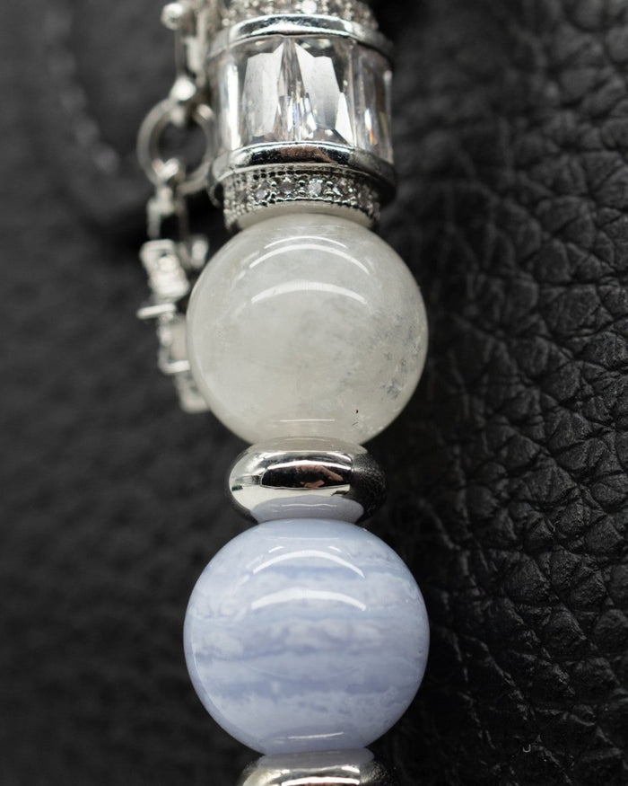 LD Keyfinder Petite Cloud Dancer keychain with moonstone, blue lace agate, and a sparkling baguette rhinestone bead.