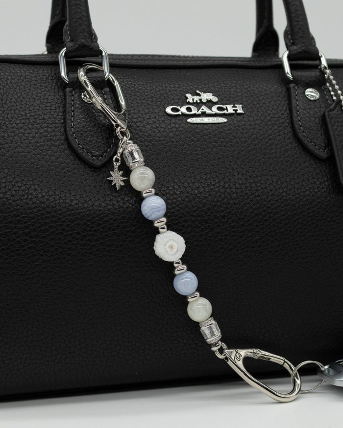 LD Keyfinder Petite Cloud Dancer beaded bag charm with moonstone, blue lace agate, druzy agate, and a star charm.