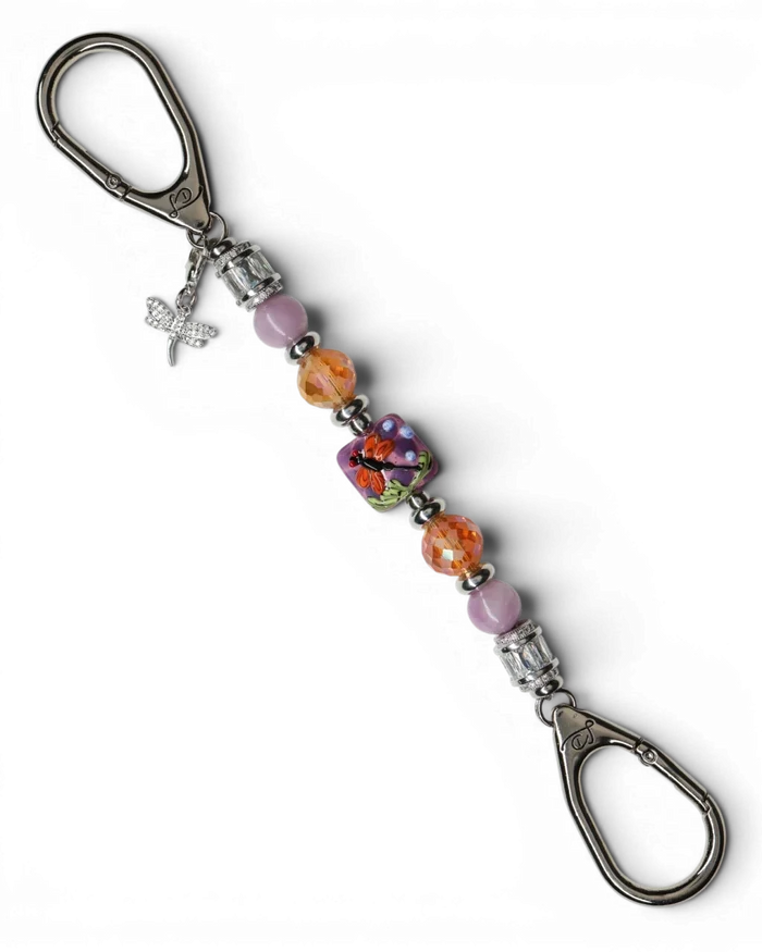 LD Keyfinder Petite Dragonfly Magic keychain with purple lepidolite, orange glass beads, and a lampwork dragonfly centerpiece.