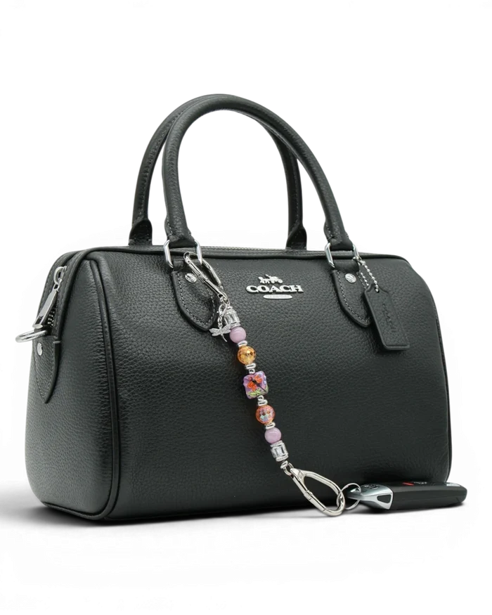 LD Keyfinder Petite Dragonfly Magic charm with purple lepidolite, orange glass beads, and rhinestone dragonfly charm.