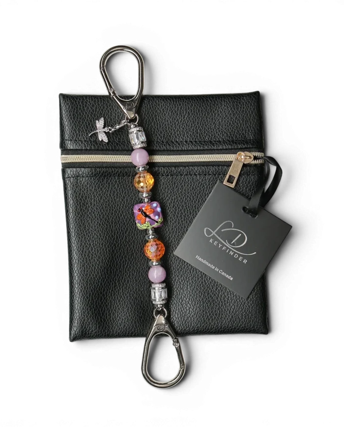LD Keyfinder Petite Dragonfly Magic keychain with purple lepidolite, orange glass beads, and a lampwork dragonfly bead.