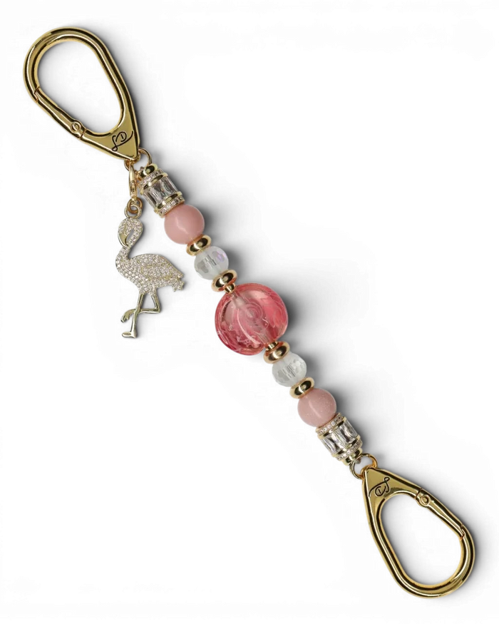LD Keyfinder Petite Flamingo Fantasy beaded keychain with pink opal, crystal beads, and gold flamingo charm.