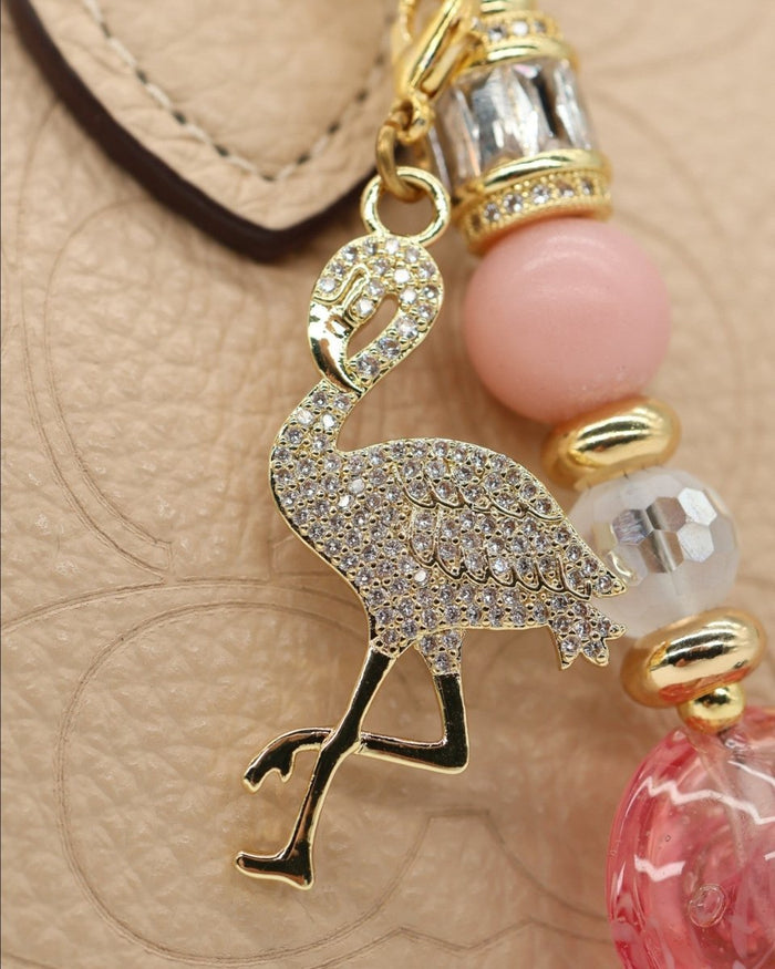 LD Keyfinder Petite Flamingo Fantasy charm with pink opal beads, crystal glass, and 18KT gold plated flamingo pendant.