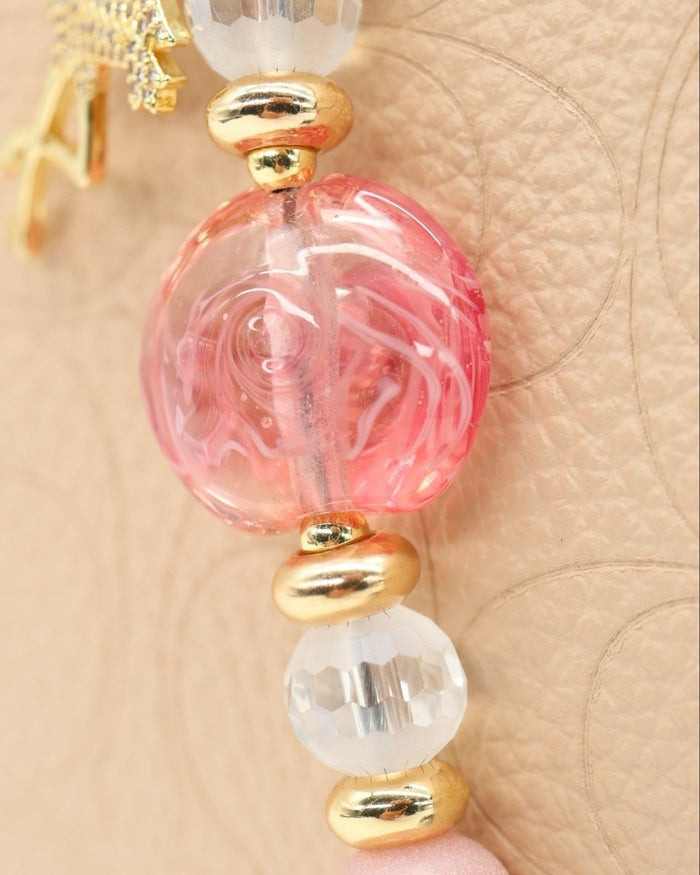 LD Keyfinder Petite Flamingo Fantasy beaded keychain with pink glass, white crystal, and gold flamingo charm