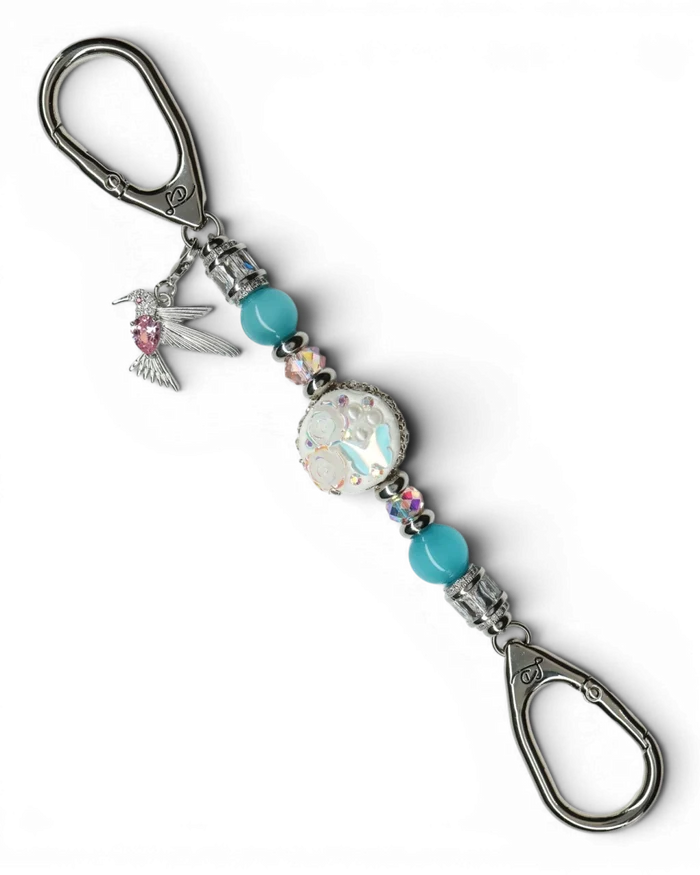LD Keyfinder Petite Garden Serenade featuring aqua cat's eye beads, pink glass, artisan clay flower bead, and hummingbird