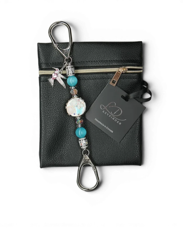 LD Keyfinder Petite Garden Serenade keychain with aqua cat's eye, pink glass beads, and a hummingbird charm.