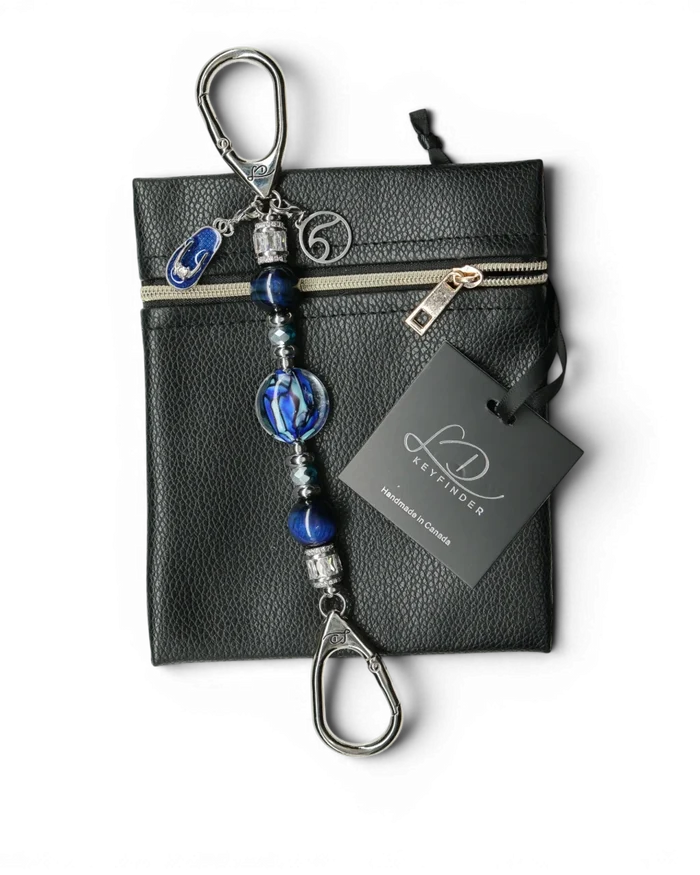 LD Keyfinder Petite Ocean Mosaic beaded keychain with artisan glass, blue tiger eye, and coastal charms on black pouch
