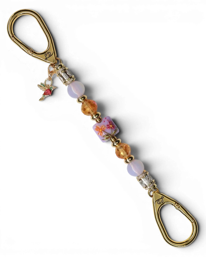 LD Keyfinder Petite Opalite Bloom keychain with pink opalite, orange glass beads, floral lampwork bead, and hummingbird charm.