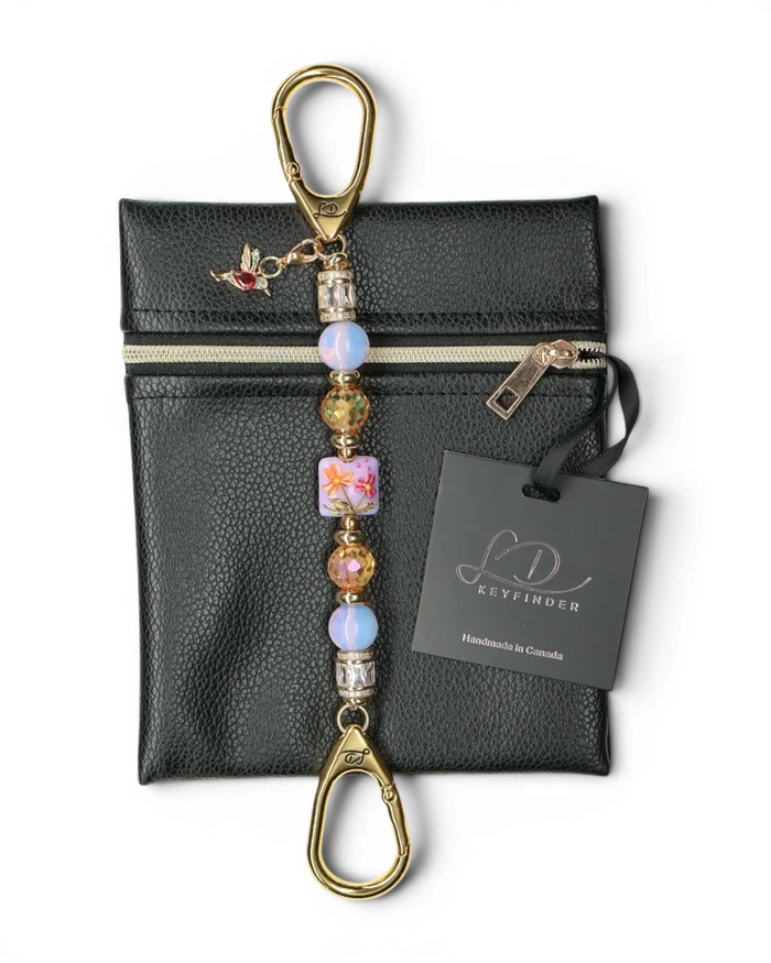 LD Keyfinder Petite Opalite Bloom keychain with pink opalite, burnt orange glass beads, floral lampwork bead, and hummingbird charm.