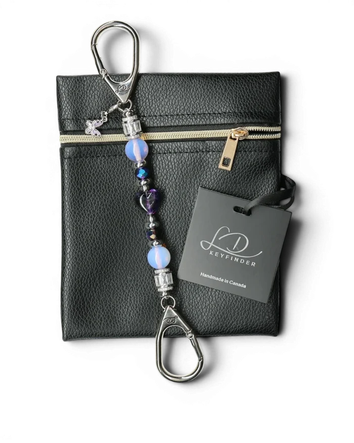 LD Keyfinder Petite Orchid Flutter with pink opalite, dark orchid glass beads, and a rhinestone butterfly charm.