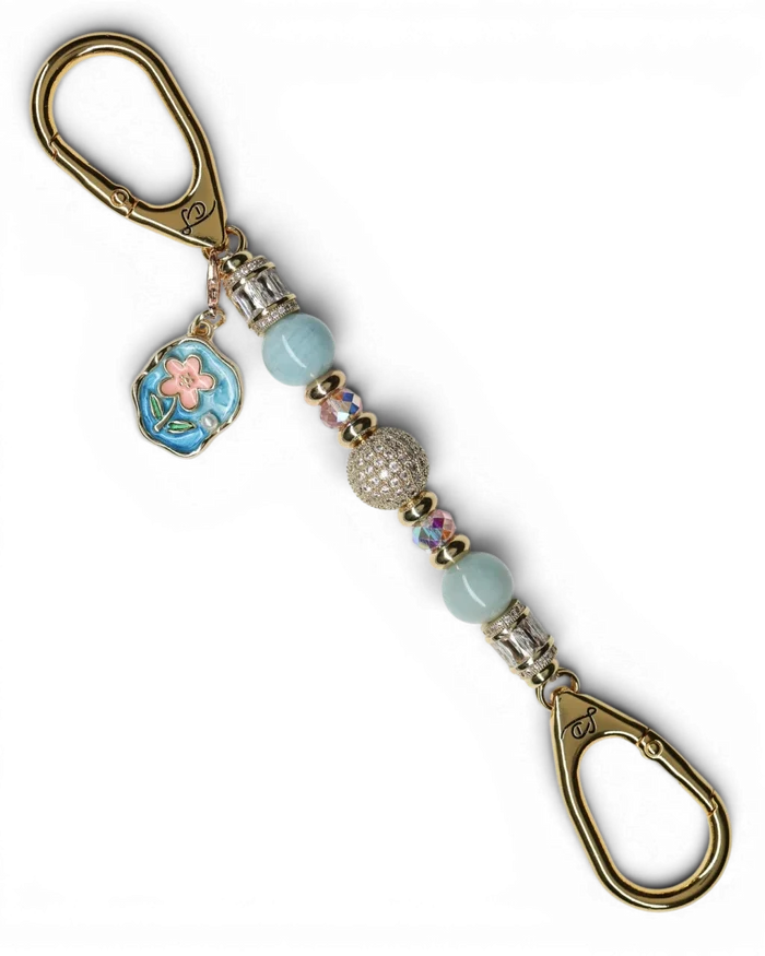 LD Keyfinder Petite Pastel Garden keychain with aquamarine, pink glass beads, gold-plated micropavé bead, and flower charm.