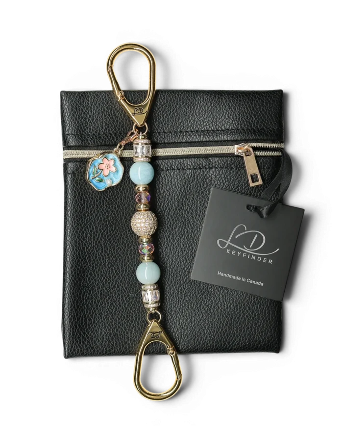 LD Keyfinder Petite Pastel Garden keychain with aquamarine, pink glass beads, gold-plated micropavé bead, and flower charm.