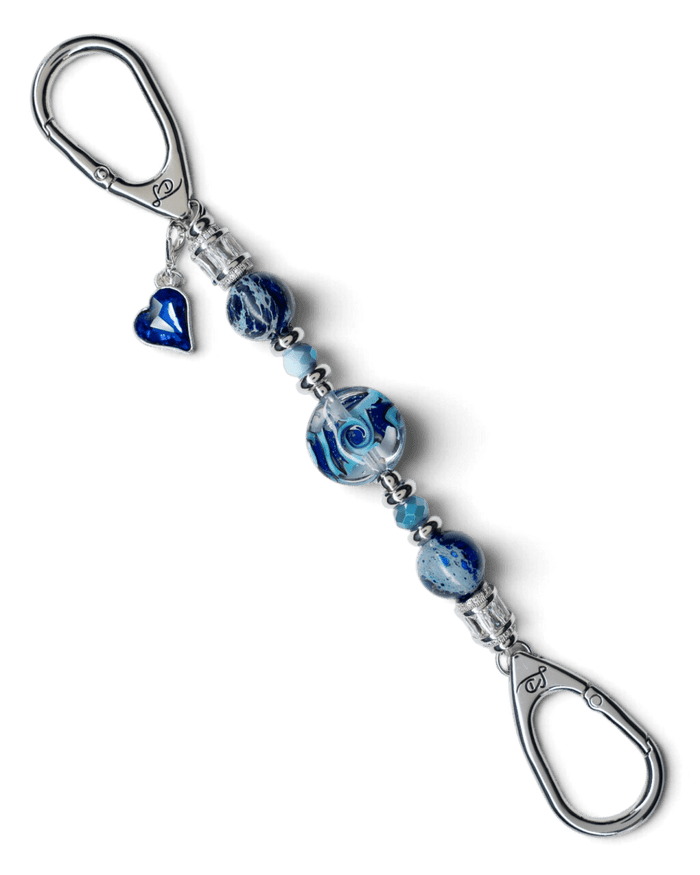 LD Keyfinder Petite Sapphire Allure featuring artisan glass, blue jasper, and a sapphire heart charm on platinum hardware.