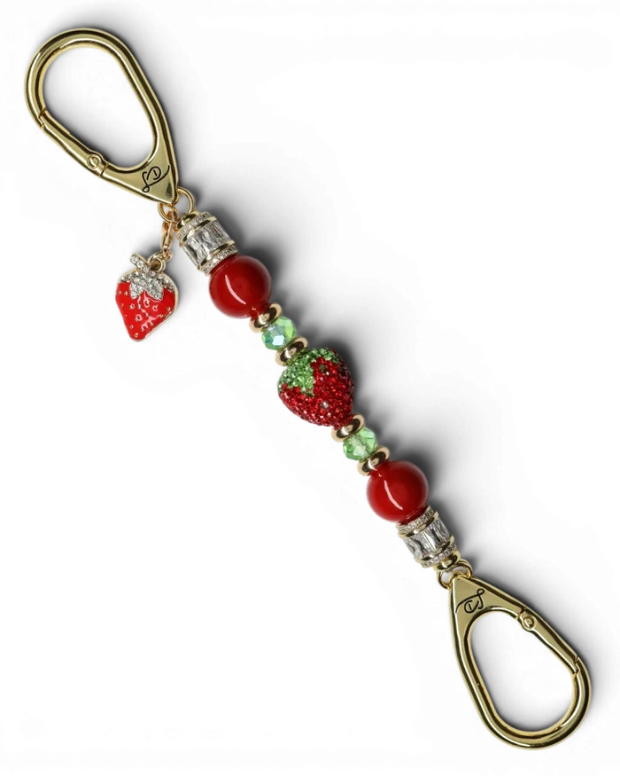 LD Keyfinder Petite Strawberry Fields key accessory with red shell pearls, green glass beads, and crystal strawberry.