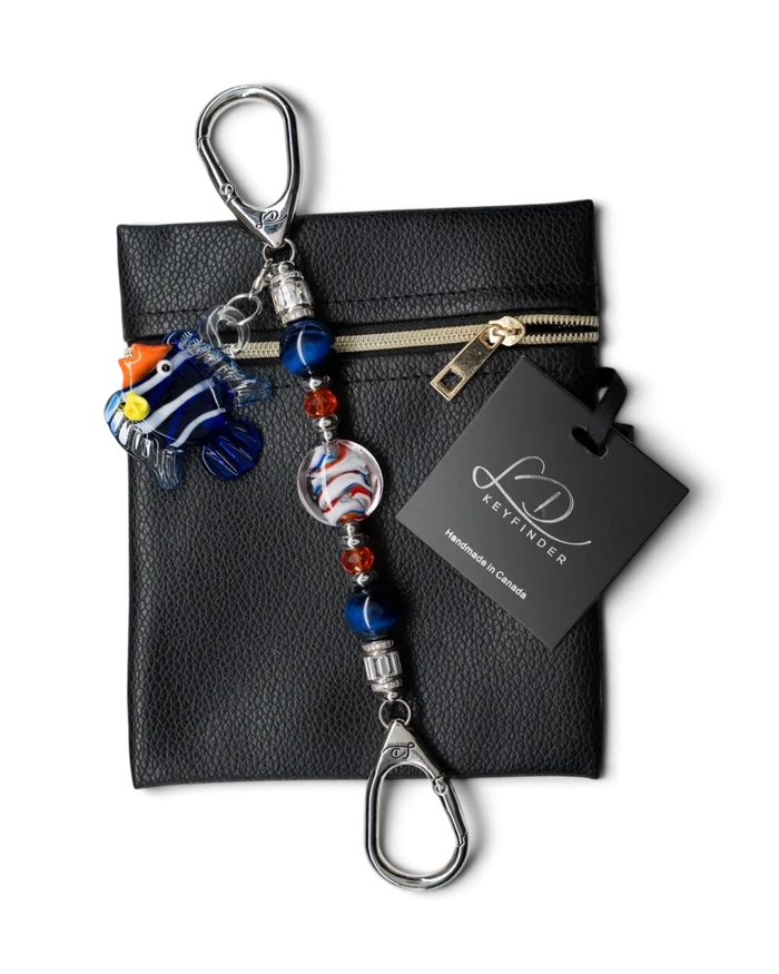 LD Keyfinder Petite Tropical Tango artisan glass bead keychain with a removable tropical fish charm and leather pouch.