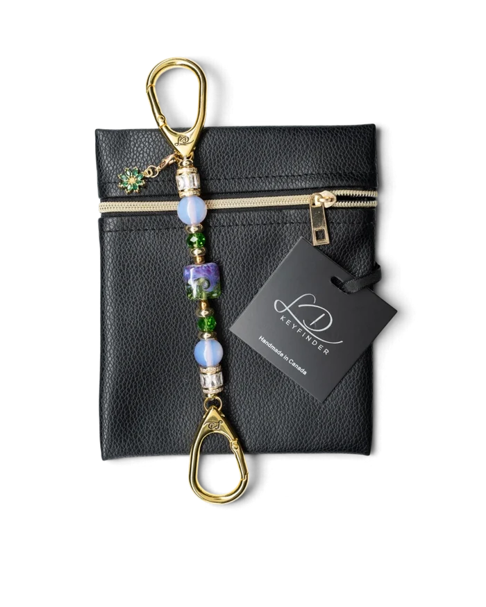 LD Keyfinder Petite Verdant Bloom beaded keychain with lampwork glass, pink opalite, and gold-plated flower charm.