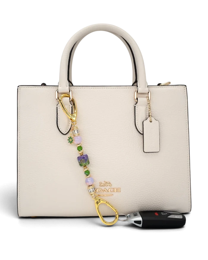 LD Keyfinder Petite Verdant Bloom accessory featuring artisan lampwork glass, pink opalite, and gold-plated flower charm