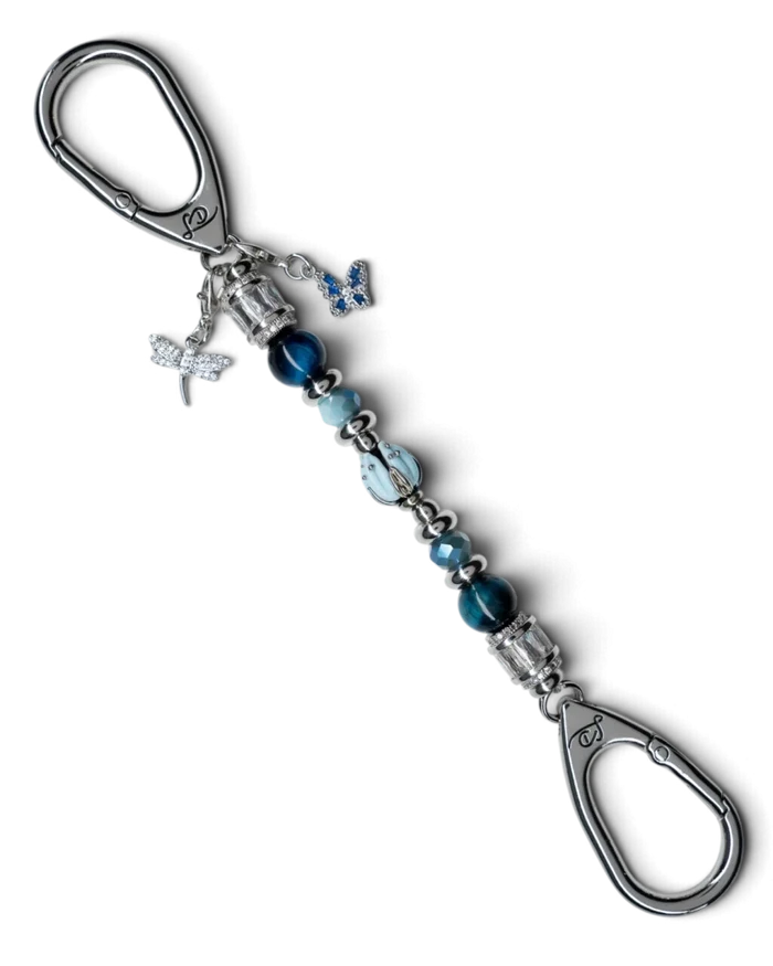 LD Keyfinder Petite Whispering Garden keychain with blue tiger eye, glass tulip, dragonfly, and butterfly charms.