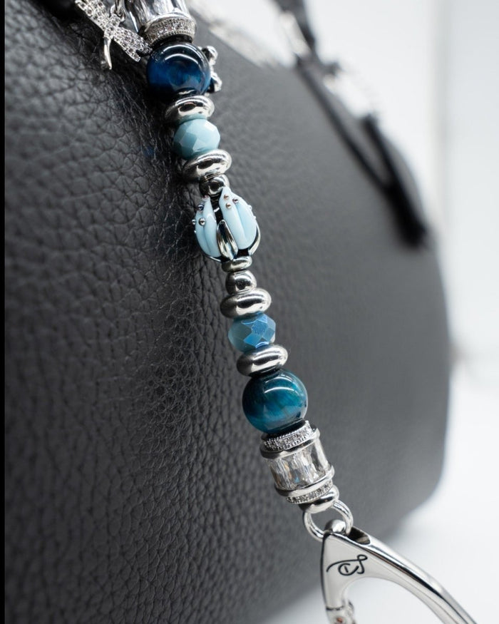 LD Keyfinder Petite Whispering Garden accessory with blue tiger eye, jade beads, and a handcrafted glass tulip charm.