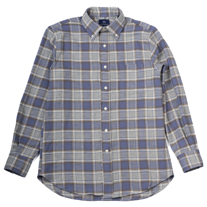 Plaid shirt with blue and gray pattern on a white background