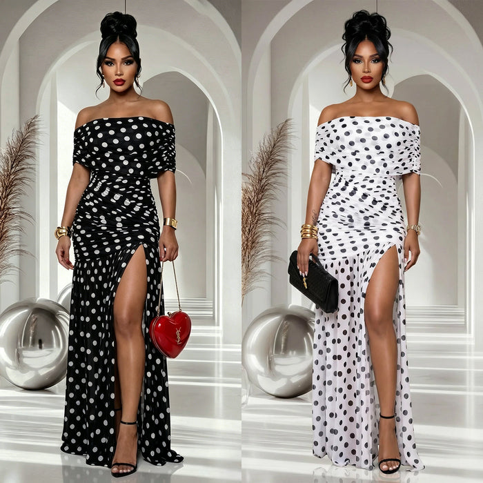 Polka-dot Slit Banquet Resort Sheath Dress by Ricaloux