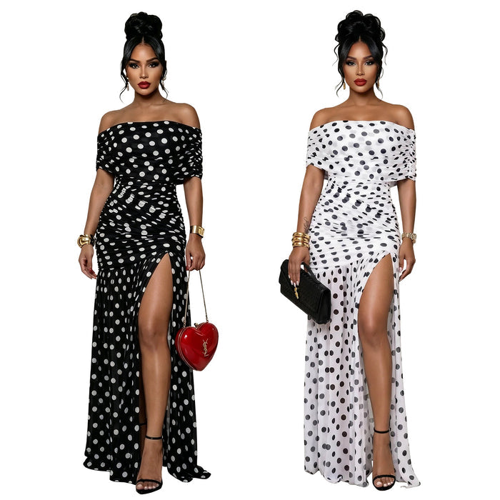 Polka-dot Slit Banquet Resort Sheath Dress by Ricaloux