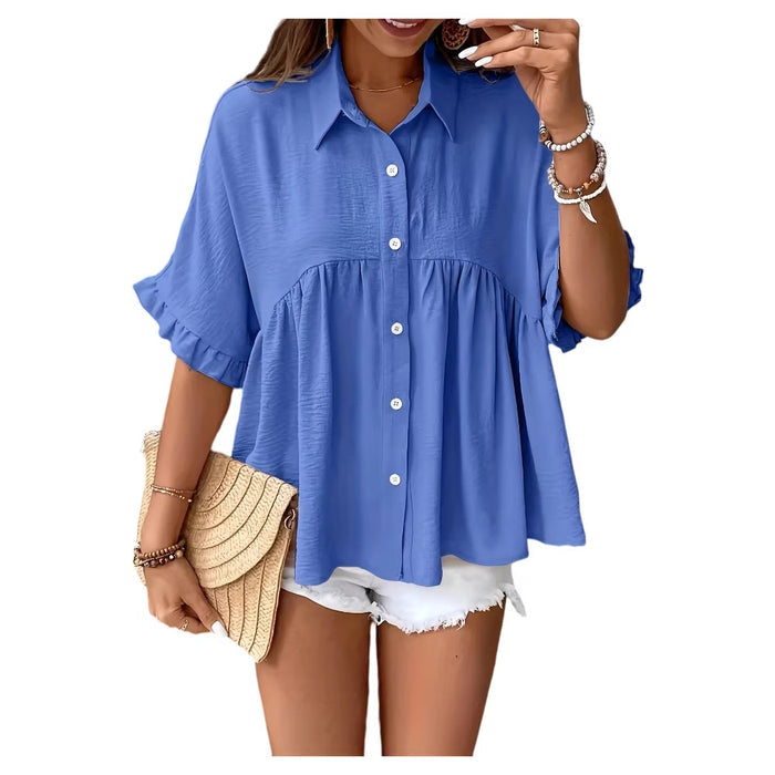 Polo-neck Flared-sleeve Solid-color Button-front Resort-style Top – Premium 0 | RICALOUX