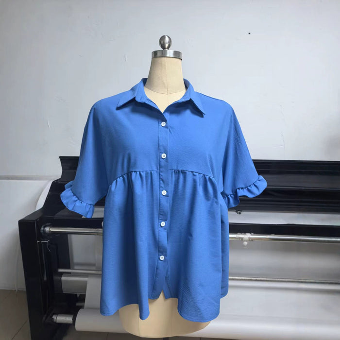 Polo-neck Flared-sleeve Solid-color Button-front Resort-style Top – Premium 0 | RICALOUX