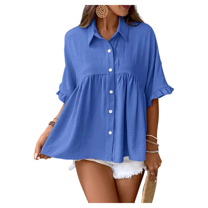 Polo-neck Flared-sleeve Solid-color Button-front Resort-style Top – Premium 0 | RICALOUX
