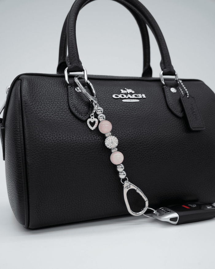 LD Keyfinder Princess Pink Mini keychain with rose quartz beads, Austrian crystal, and a rhinestone heart charm