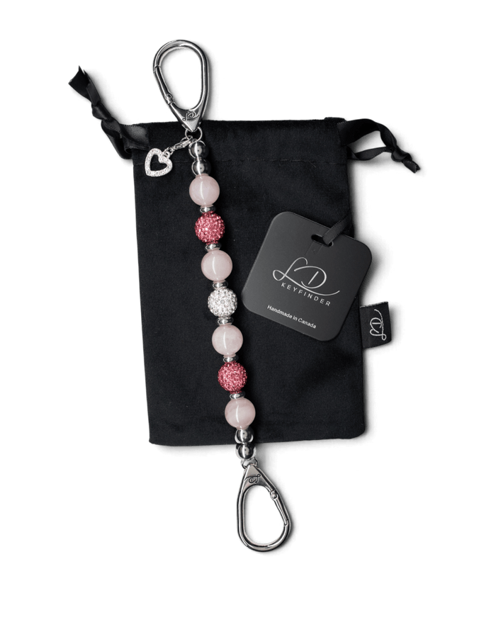 LD Keyfinder Princess Pink beaded keychain with rose quartz, Austrian crystals, and a rhinestone heart charm.