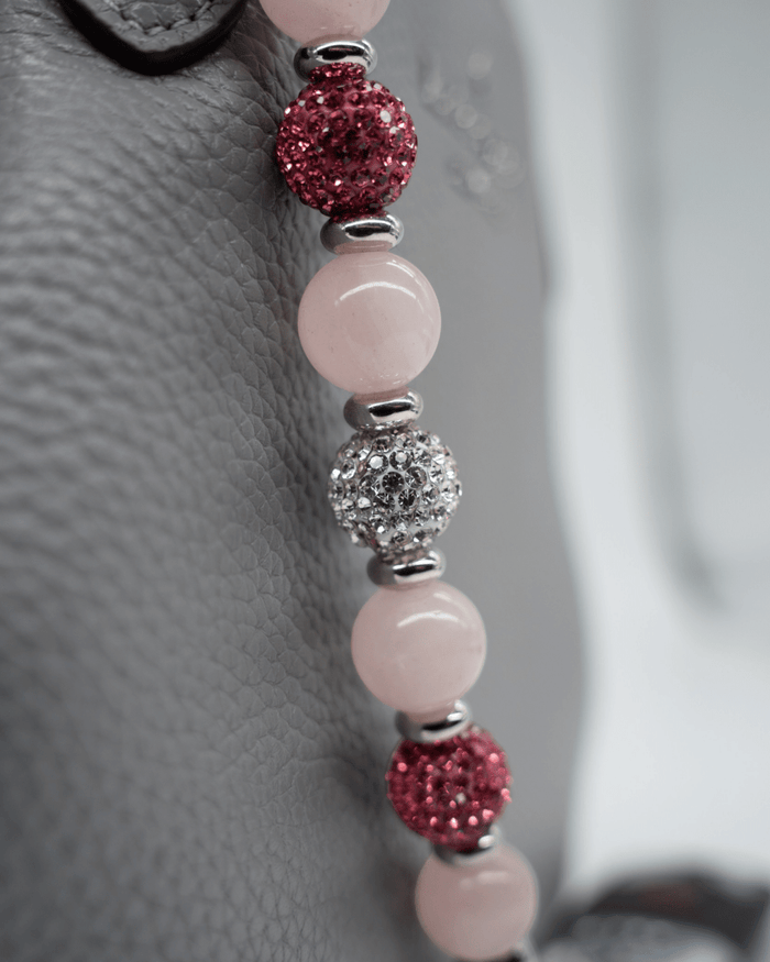 LD Keyfinder Princess Pink beaded accessory with rose quartz, dark rose Austrian crystals, and rhinestone spacers.