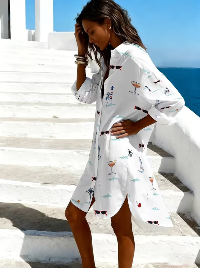 Printed Relaxed-fit Long-sleeve Lapel-collar Casual Dress – Premium 0 | RICALOUX