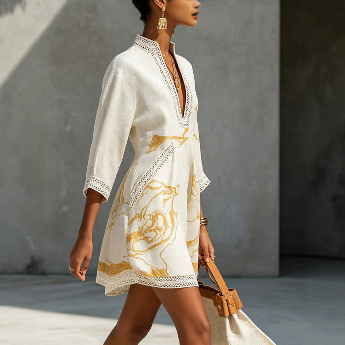 Printed V-neck Lace-trimmed Three-quarter-sleeve Mini Dress by Ricaloux