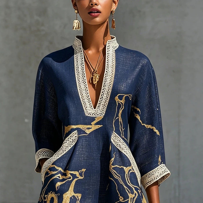 Printed V-neck Lace-trimmed Three-quarter-sleeve Mini Dress by Ricaloux