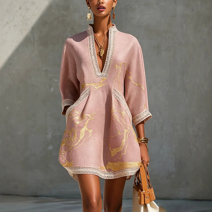 Printed V-neck Lace-trimmed Three-quarter-sleeve Mini Dress by Ricaloux